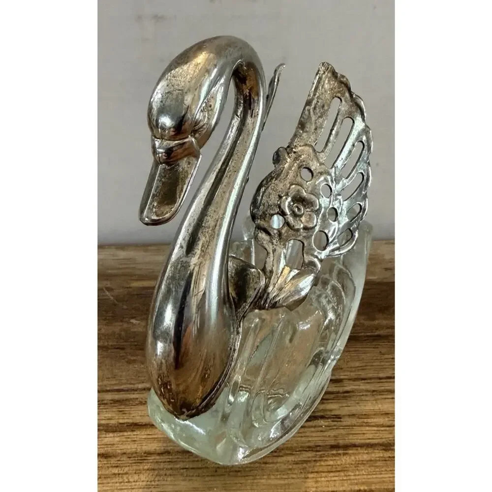 Mid Century Era Swan Figural Salt Cellar Pressed Glass Base Movable Wings 3”